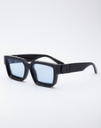 Black frame sunglasses with blue lenses