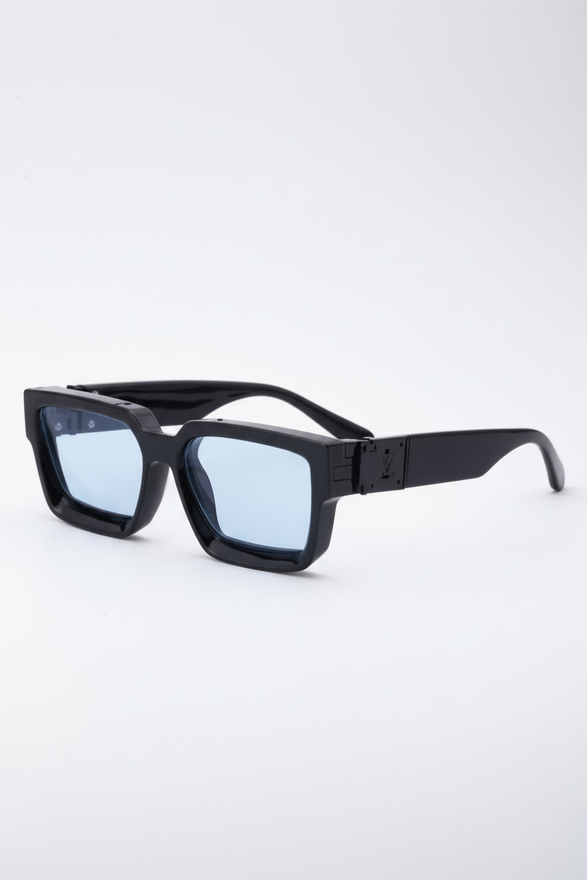 Black frame sunglasses with blue lenses