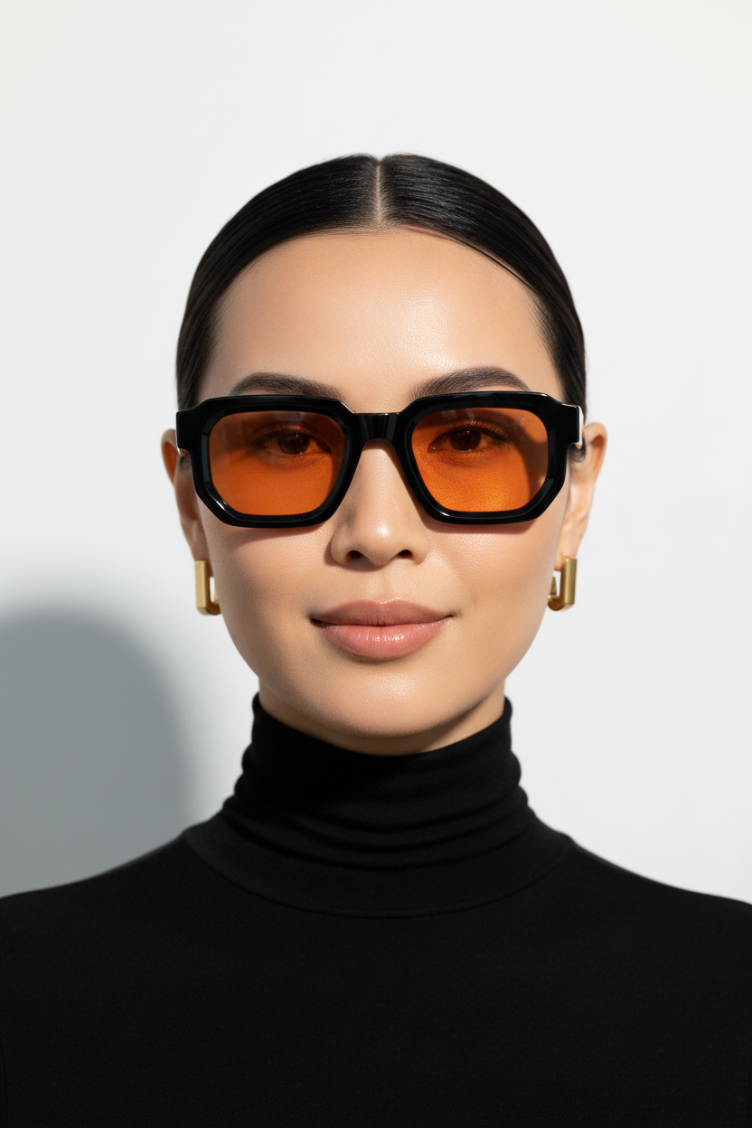 Modèle asiatique avec lunettes orange - gros plan