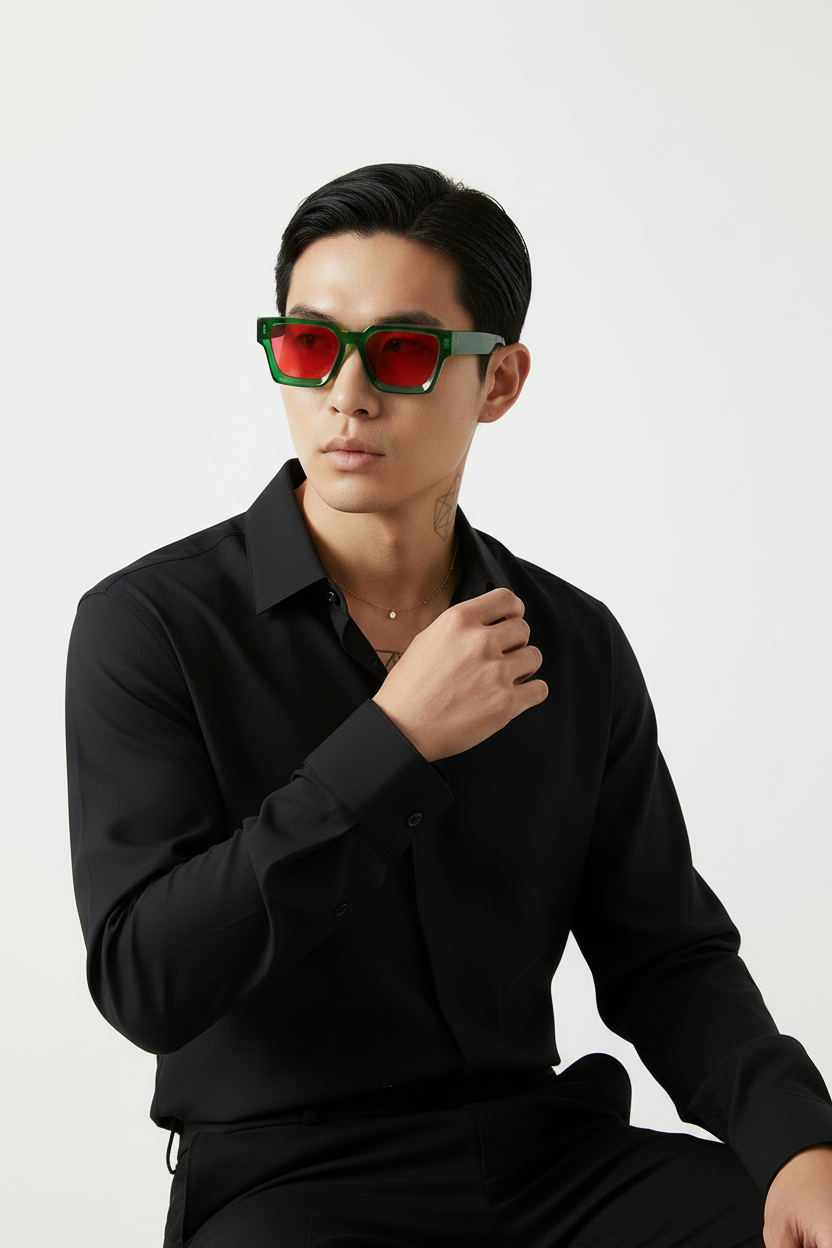 Modèle asiatique lunettes vertes nouvelle pose