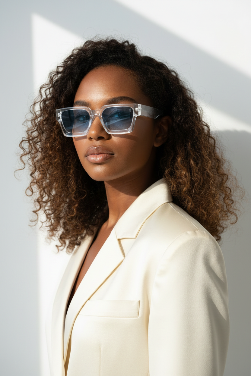 Modèle avec lunettes bleues - plan complet