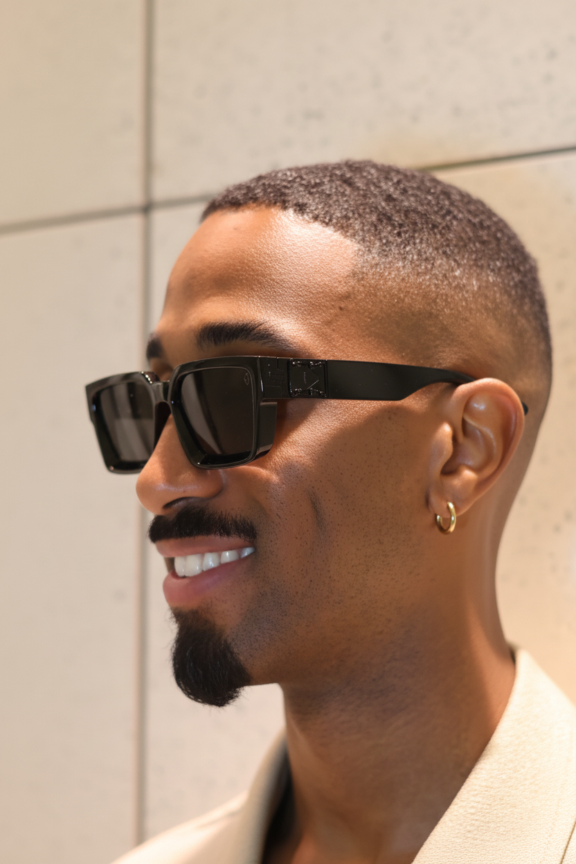 Modèle avec lunettes noires - profil