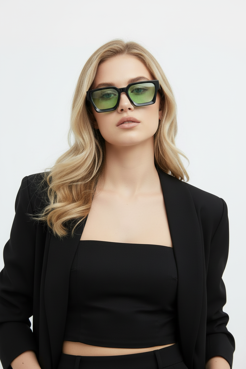 Modèle blond de face avec lunettes vertes