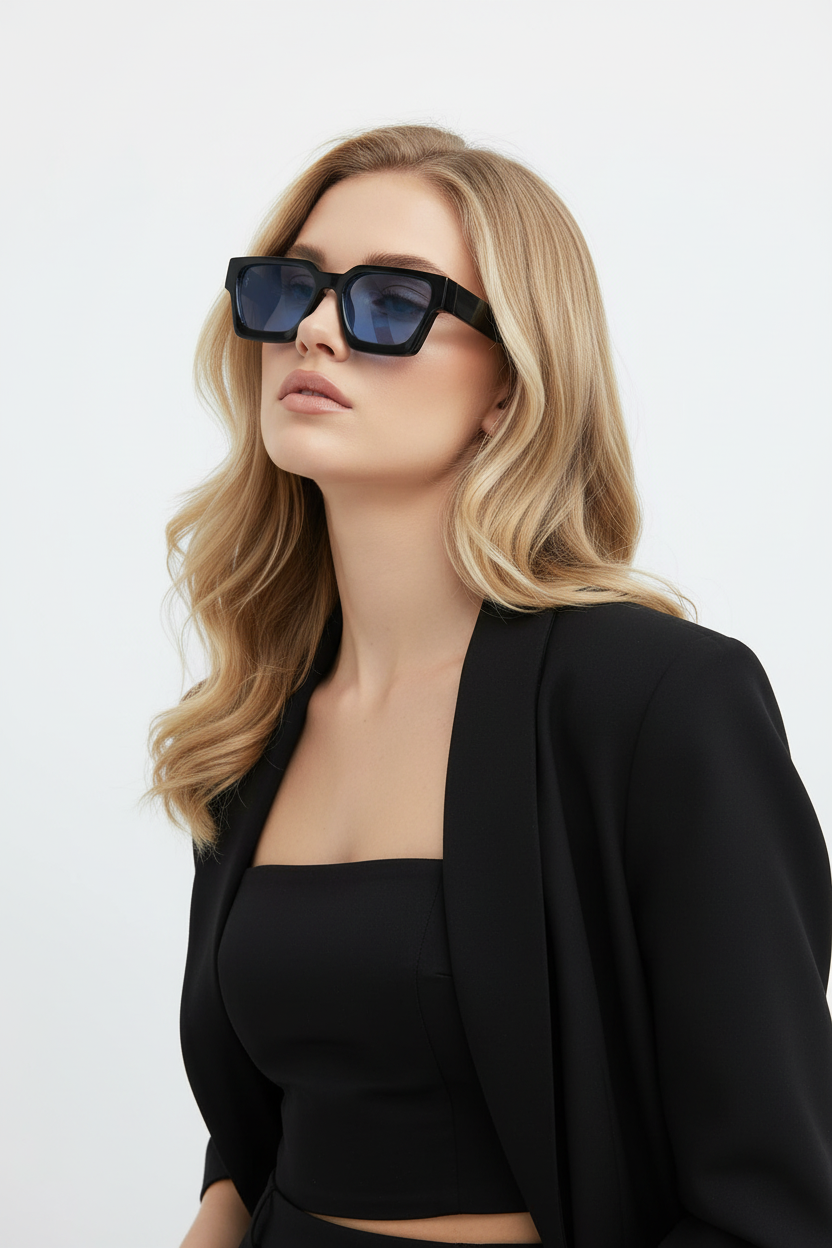 Modèle blonde avec lunettes bleues