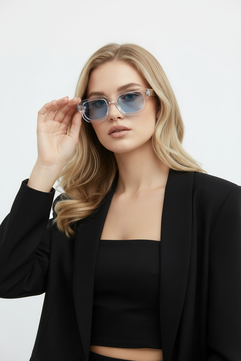 Modèle blonde avec lunettes - pose différente