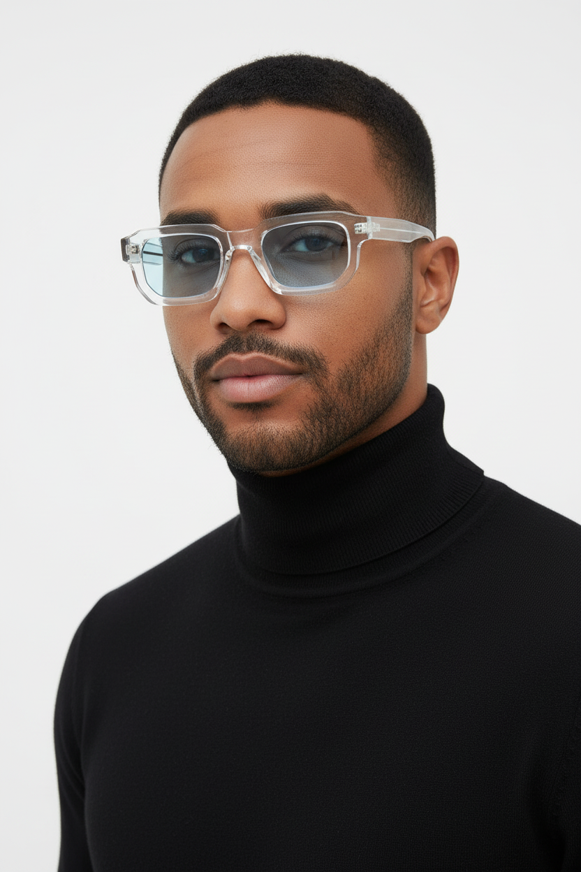 Modèle métis avec lunettes transparentes bleues en studio