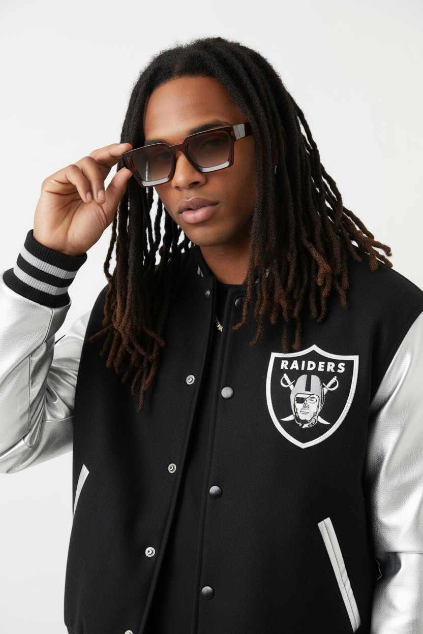 Modèle métissé avec dreads et veste Raiders