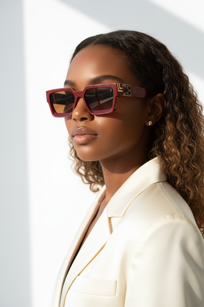 Modèle portant lunettes bordeaux